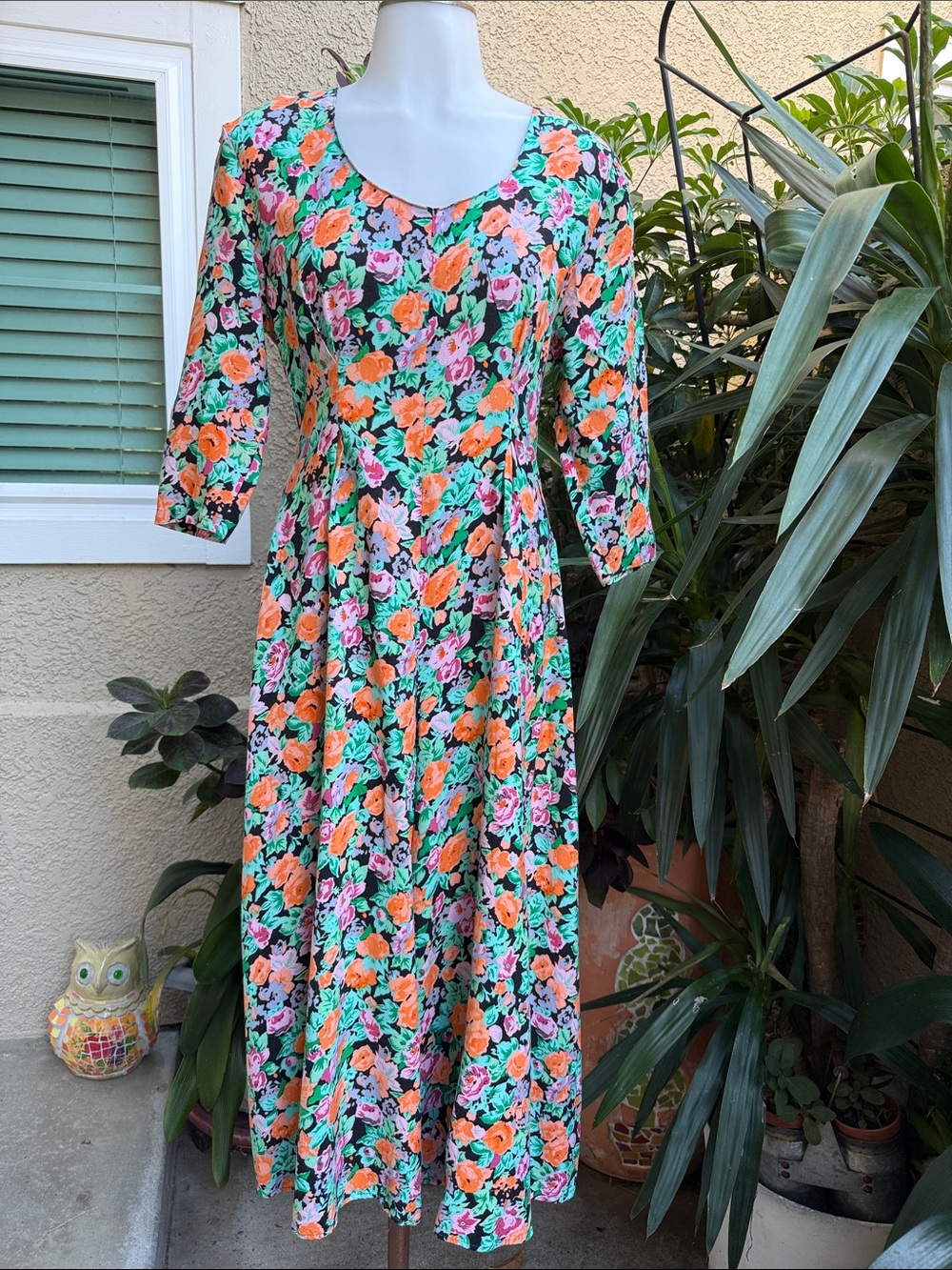 Vintage 80’s Floral Scoop-Neck Maxi Rayon Romper in Black with Orange & Mint